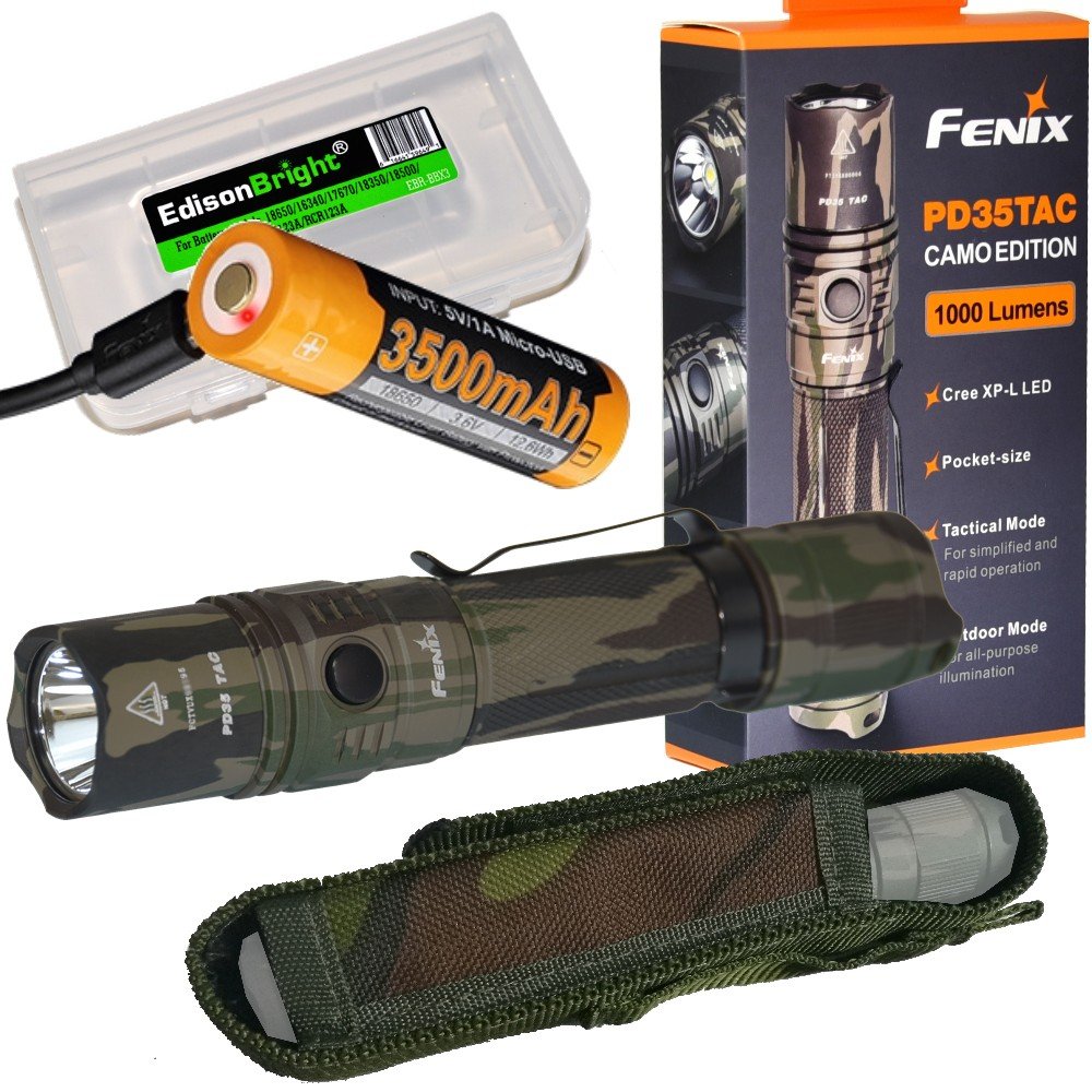 EdisonBright Fenix PD35 TAC 1000 Lumen CREE LED Tactical Flashlight (Camo) with Fenix USB rechargeable 18650 ARB-L18-3500U Li-ion battery and BBX3 battery case