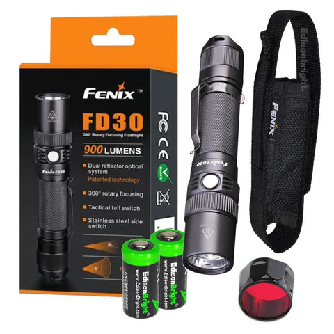 Fenix FD30 900 Lumen CREE LED zoomable Tactical Flashlight with AOF-S Red Color Filter, Holster and Two EdisonBright CR123A Lithium Batteries Bundle