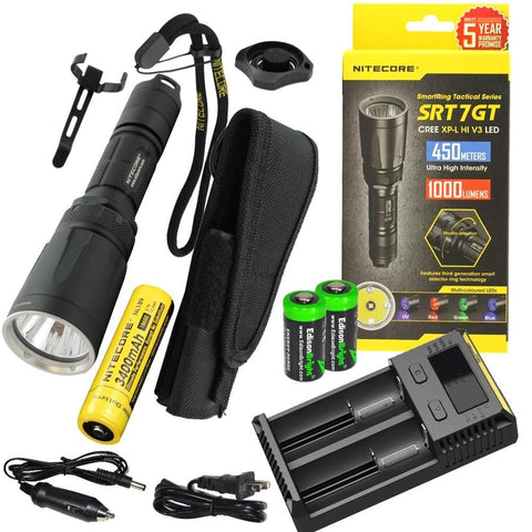 EdisonBright Nitecore SRT7GT 1000 Lumen CREE LED Built in Red, Green, Blue, UV Lights, Flashlight w/ NL189 18650 Li-ion Rechargeable Battery,Nitecore i2 Charger and 2 X CR123A Batteries Bundle