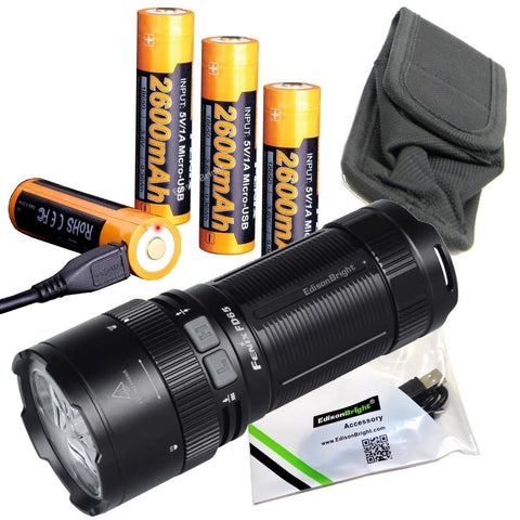 FENIX FD65 3800 Lumen focus adjustable CREE LED Flashlight/searchlight, 4 X Fenix 18650 rechargeable batteries, ARE-C2 Plus smart battery charger with 2 X EdisonBright BBX3 battery carry cases bundle