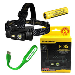 Nitecore HC65 1000 Lumens CREE LED headlamp and rechargeable 3400mAh Li-ion battery with EdisonBright USB powered reading lamp