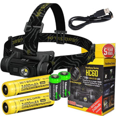 EdisonBright Bundle: Nitecore HC60 1000 Lumens CREE XM-L2 U2 LED headlamp with Two Genuine Nitecore NL189 18650 3400mAh Li-ion Rechargeable Batteries and Two CR123A Lithium Batteries