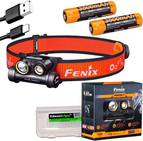 Fenix HM65R-T 1500 lumen spot/flood Light USB-C rechargeable lightweight headlamp, extra li-ion battery for jogging/camping with EdisonBright battery carring case