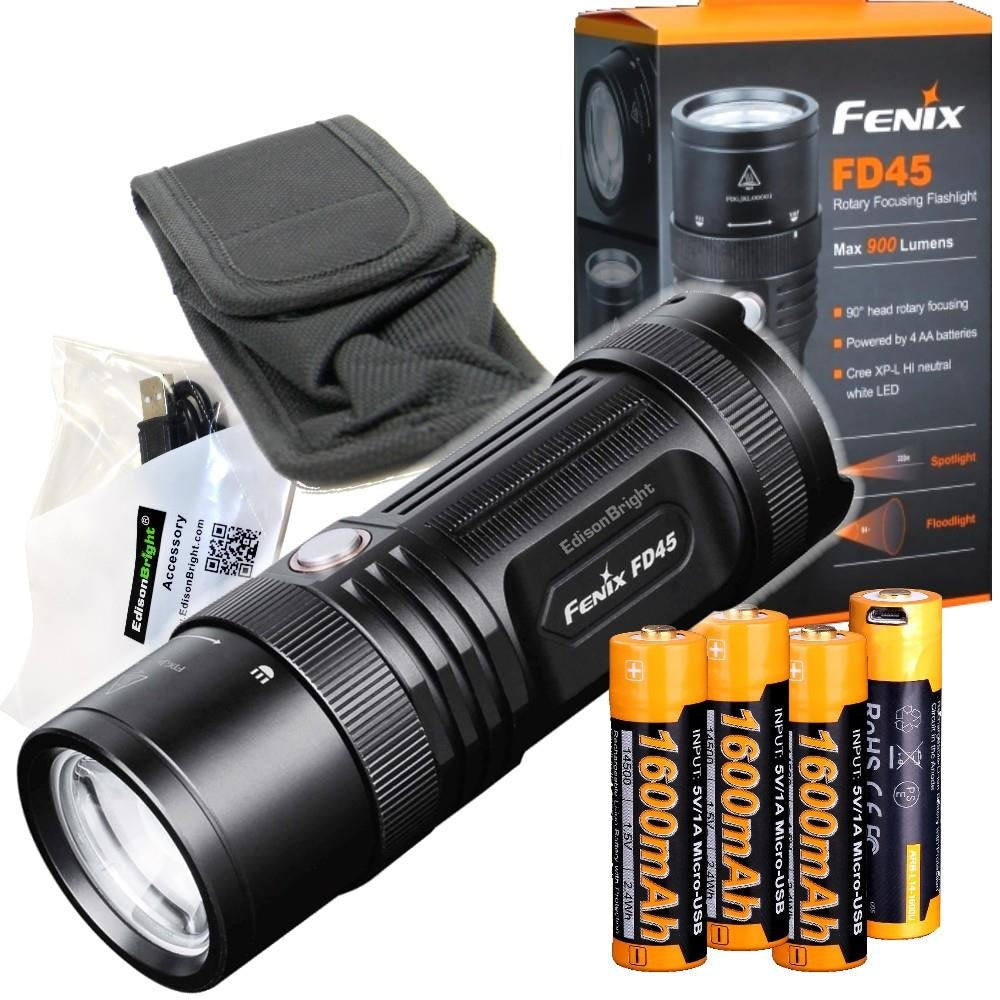 Fenix FD45 900 Lumen LED Flashlight with 4 X Fenix rechargeable batteries, EdisonBright USB charging cable bundle