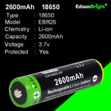 Single Genuine EdisonBright EBR26 2600mAh 18650 3.7v Li-Ion rechargeable protected battery