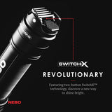 NEBO Redline-X Rechargeable Waterproof Flashlight: 1800 lumen, 4x zoom, Switch-X technology; patented paddle switching mechanism to operate the power mode and instant activation for TURBO and Strobe