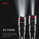 NEBO Redline-X Rechargeable Waterproof Flashlight: 1800 lumen, 4x zoom, Switch-X technology; patented paddle switching mechanism to operate the power mode and instant activation for TURBO and Strobe