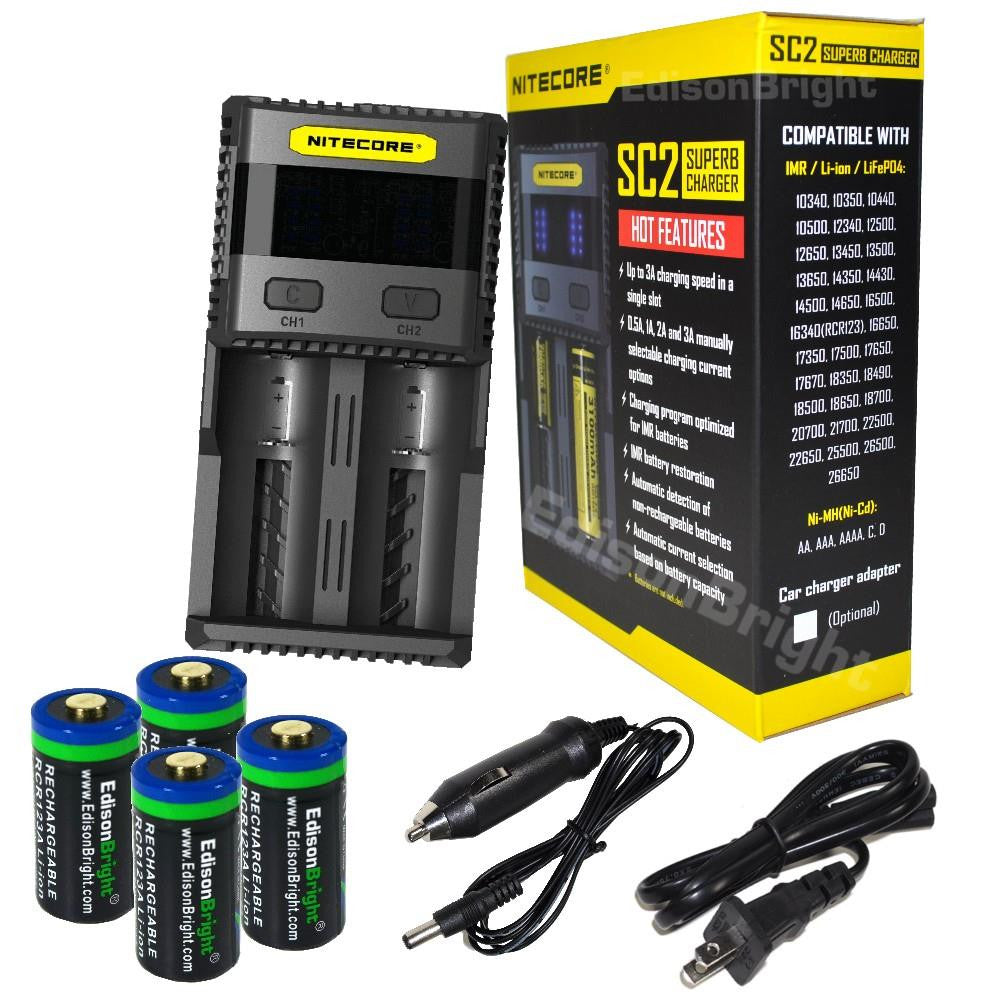 Nitecore SC2 fast battery Charger bundle: SC2 charger and four EdisonBright EBR65 16340 Li-ion RCR123A rechargeable CR123 batteries