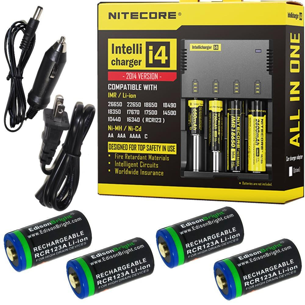 4 Pack EdisonBright EBR65 rechargeable CR123A type 16340 RCR123A 3.7v protected li-ion 650mAh batteries with Nitecore i4 home/car battery charger bundle