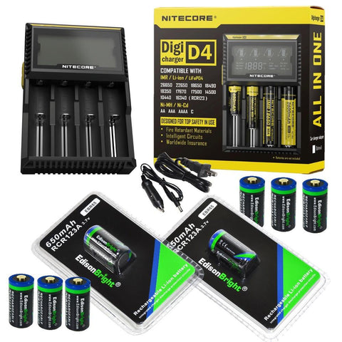 8 Pack EdisonBright EBR65 type 16340 RCR123A 3.7v rechargeable protected li-ion 650mAh batteries with Nitecore D4 smart digital battery charger