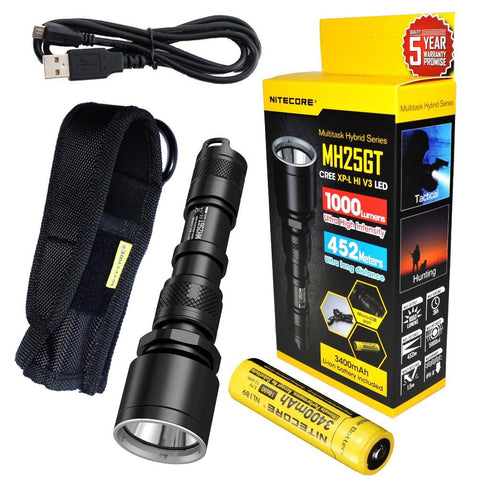 Nitecore MH25GT CREE LED 1000 Lumen USB Rechargeable Flashlight, 18650 rechargeable Li-ion battery, USB charging cable and Holster 
