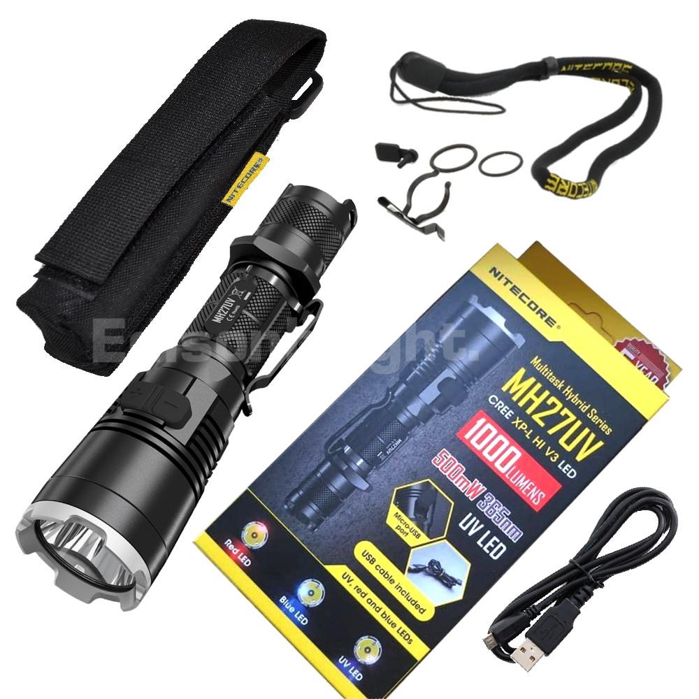 Nitecore Multitask Hybrid MH27UV USB Rechargeable 1000 lumens LED Flashlight w/ Red, Blue, and UltraViolet Light uses 1x 18650 or 2x CR123A batteries.