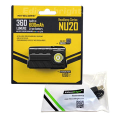 New Nitecore NU20 360 Lumens CREE LED USB rechargeable runners Headlamp with USB cable included.